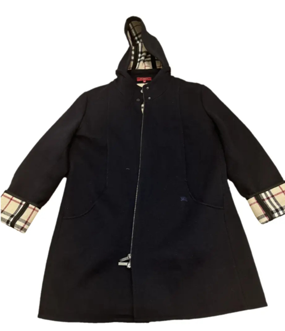 Burberry Coat Women Size US 18 - Wool Navy Blue Nova Check Hooded Authenticated